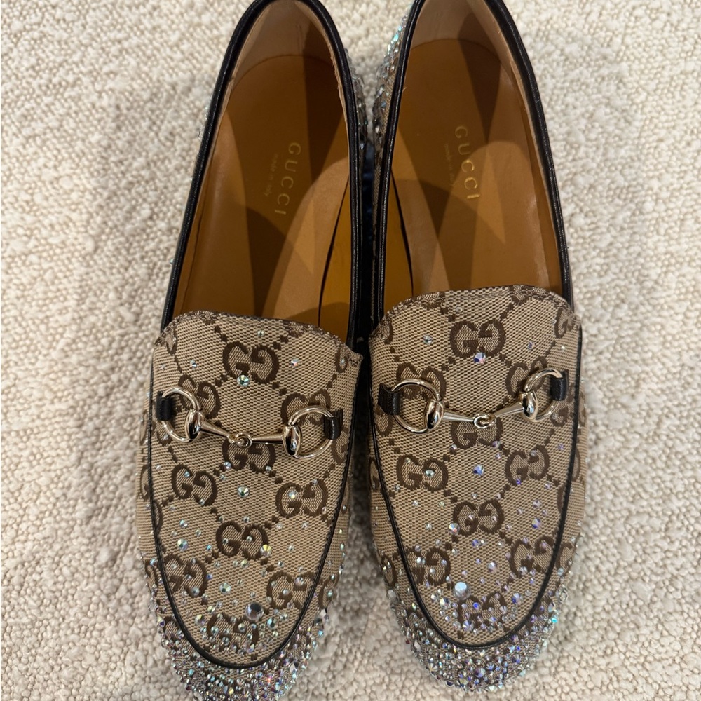 Gucci Tan and Gold Flat Loafer with Iconic GG Monogram and Swarovski crystals